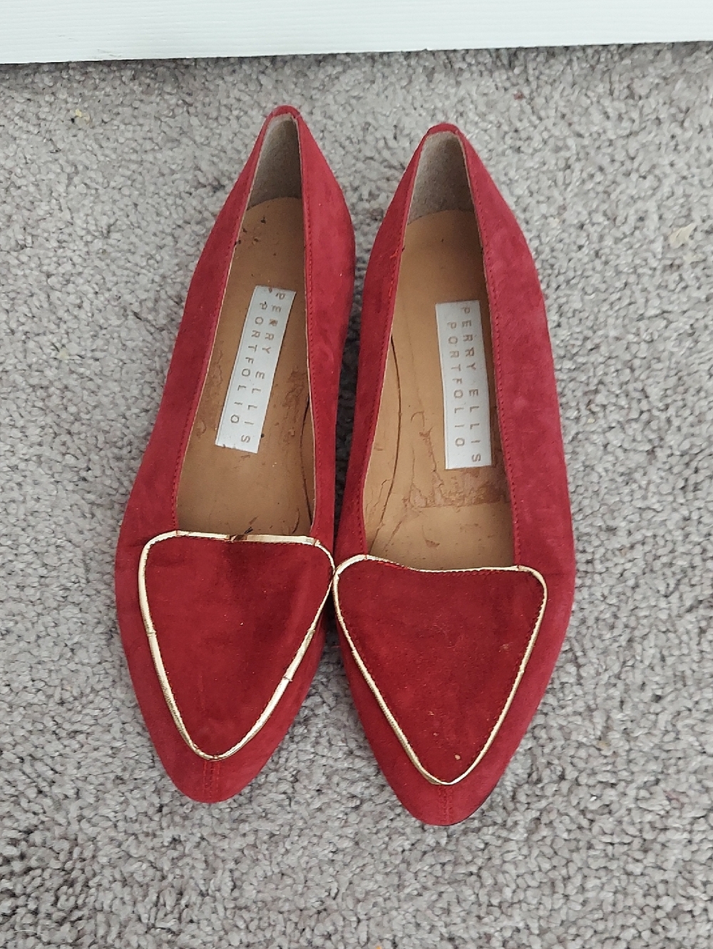 Vintage Perry Ellis Red Suede Pointed Toe Flats with Gold Trim